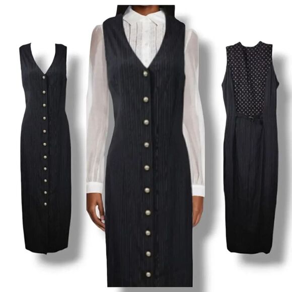 Vintage 90s Y2K Suit Pinstriped Button Down Midi Dress in Midnight Navy/Black - Picture 1 of 11